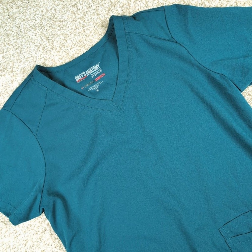 Greys Anatomy Stretch Scrub Top Emma 4‎ Pocket Teal Green Medical Uniform M